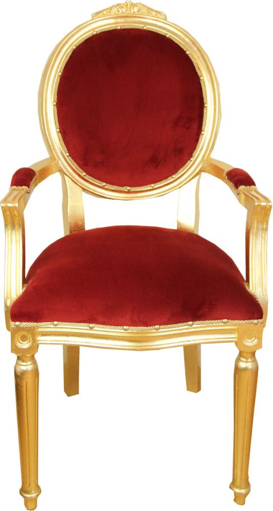 Casa Padrino Barock Luxus Esszimmer Medaillon Stuhl mit Armlehnen Bordeaux Samtstoff / Gold Bild 1