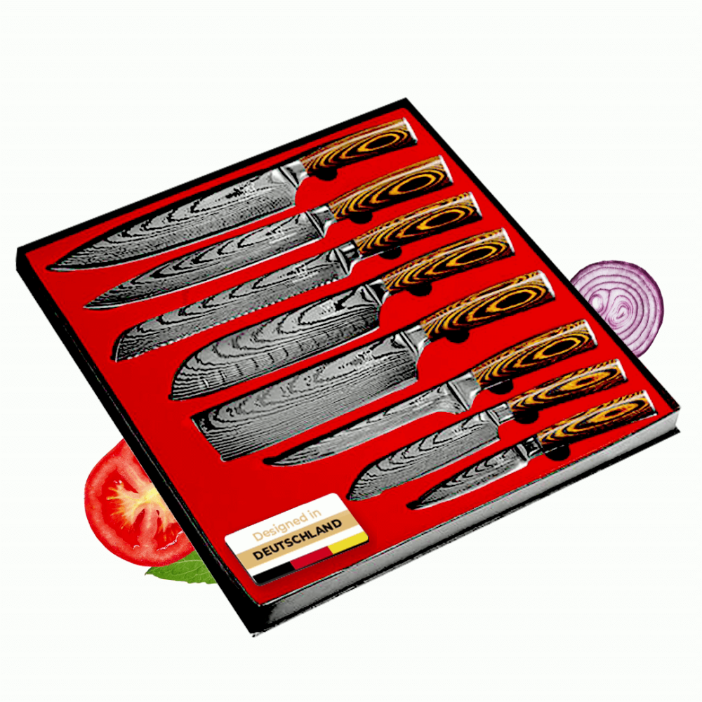 Asiatisches Edelstahl Messerset Akarui - 8-teiliges Küchenmesser Set Kochmesser mit ergonomischen Pakkaholzgriff inkl. Geschenkbox - rostfrei & scharf - Designed in Germany Bild 1