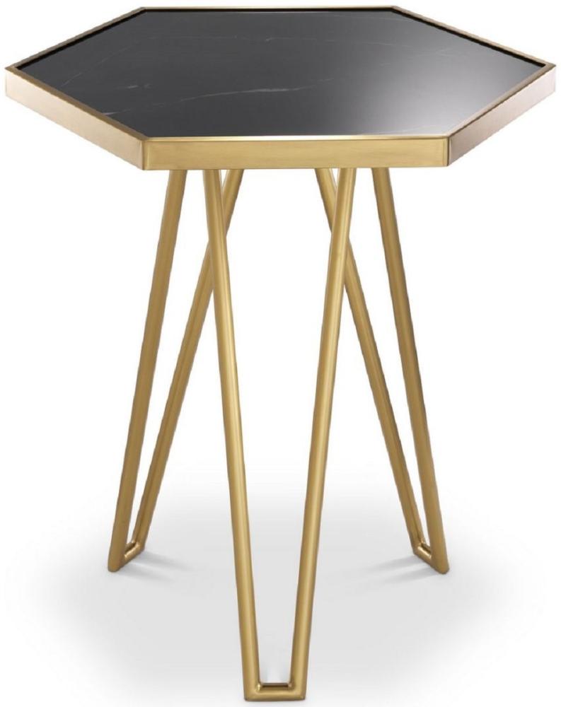 Casa Padrino Luxus Beistelltisch Messingfarben / Schwarz 50 x 43 x H. 54,5 cm - Moderner 6-eckiger Edelstahl Tisch mit geschliffener Marmorplatte - Wohnzimmer Möbel - Luxus Möbel Bild 1