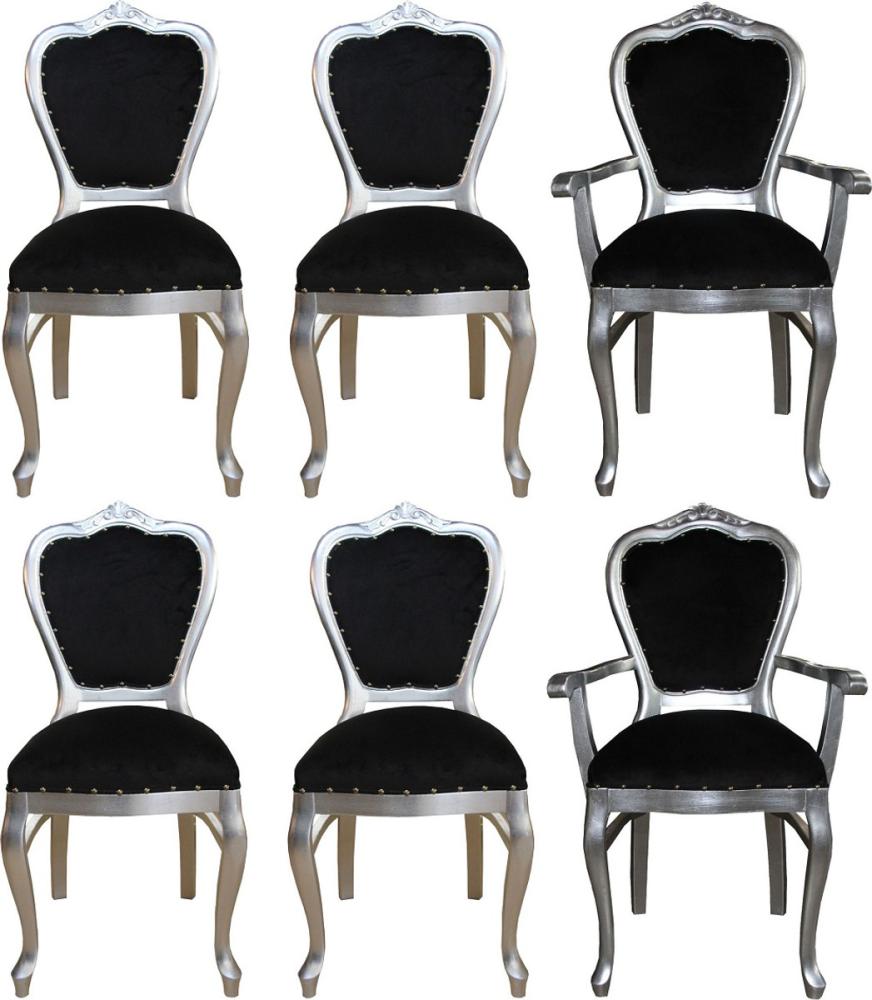 Casa Padrino Luxus Barock Esszimmer Set Schwarz / Silber - 6 handgefertigte Esszimmerstühle - 2 Stühle mit Armlehnen und 4 Stühle ohne Armlehnen - Barock Esszimmermöbel Bild 1