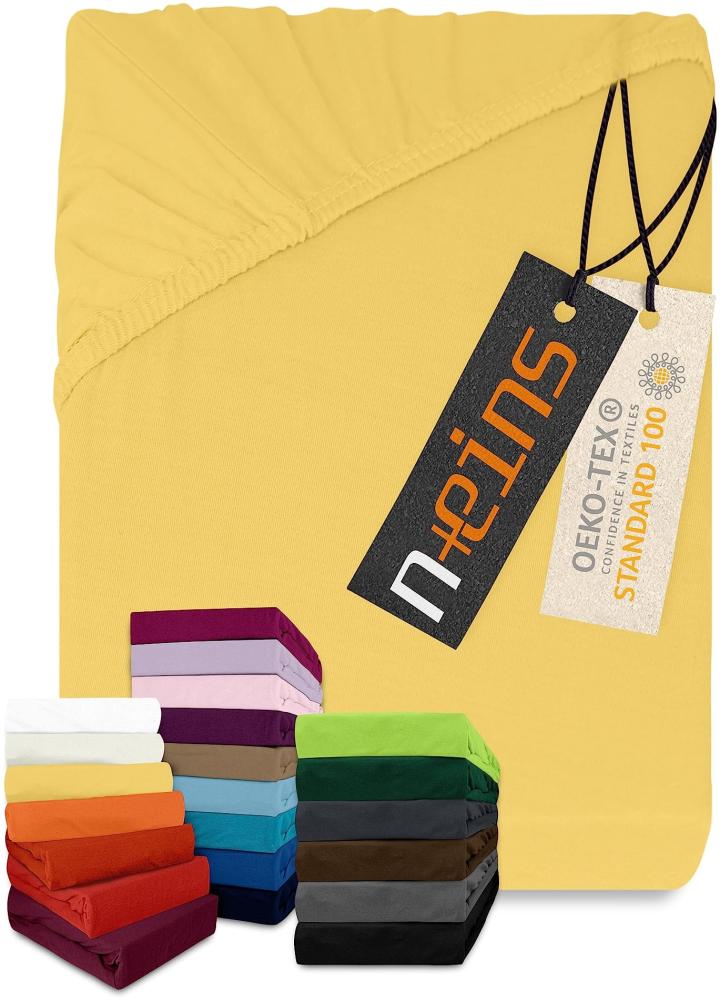 npluseins klassisches Jersey Spannbetttuch - vielen Farben + Größen - 100% Baumwolle 159. 192, 200 x 220 cm, gelb Bild 1