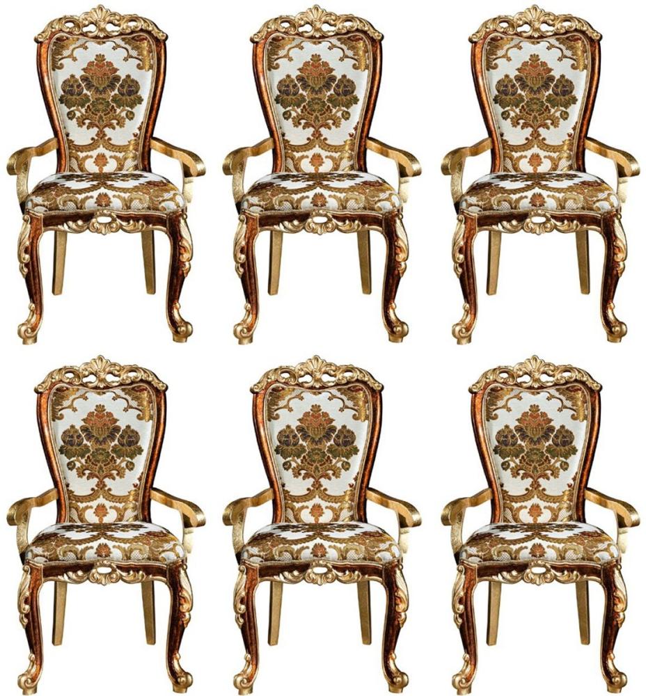 Casa Padrino Luxus Barock Esszimmer Stuhl Set mit Armlehnen und elegantem Muster 57 x 54 x H. 115 cm - Edles Küchen Stühle 6er Set im Barockstil - Barock Esszimmer Möbel Bild 1