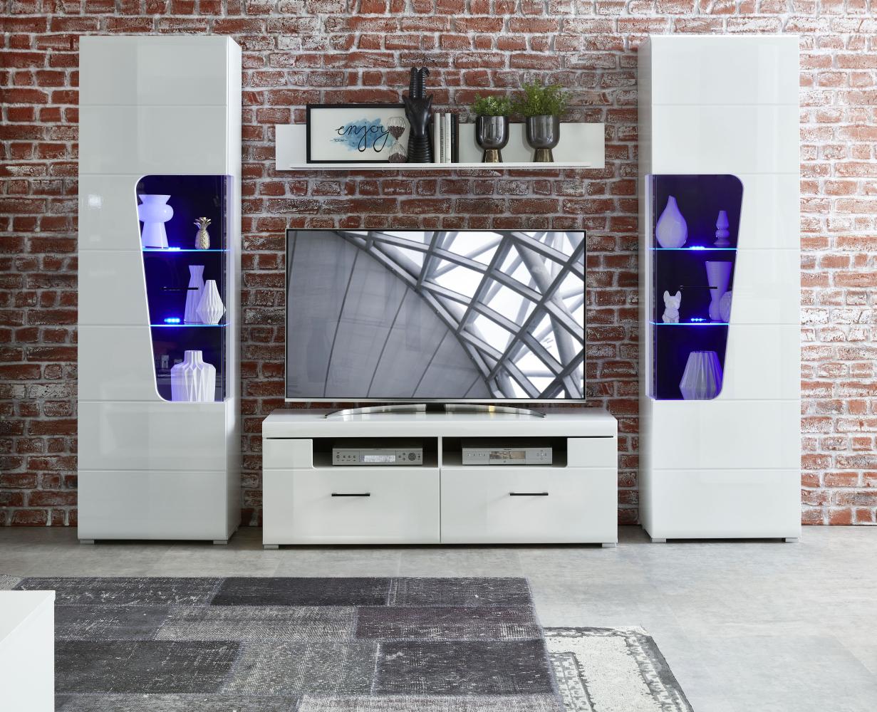 Wohnwand Wohnzimmer-Set 3 FUNNY PLUS Vitrine Wandboard TV weiß glanz LED Licht Bild 1