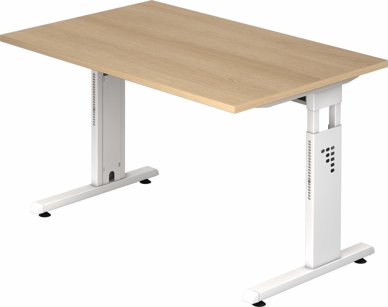 bümö® Schreibtisch O-Serie höhenverstellbar, Tischplatte 120 x 80 cm in Eiche, Gestell in weiß Bild 1