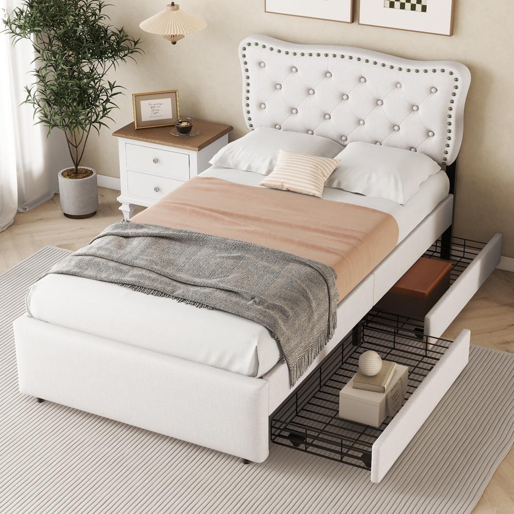Merax 90*200 cm flaches Bett, gepolstertes Bett, Nachttischpolsterung mit dekorativen Nieten, doppelte Schubladen, Hellbeige Bild 1