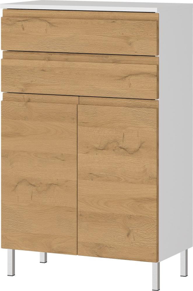 Stauraumkommode, Badschrank mit Schubladen, 60x34x97, in Weiß und Grandson-Eiche, Chromfüße, Grifflose, VEER-Serie von Kadima Design Bild 1