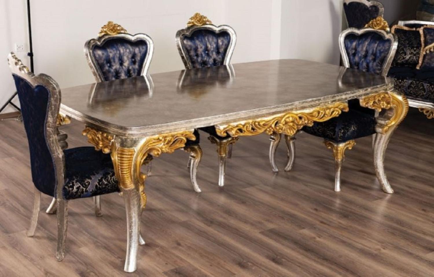 Casa Padrino Luxus Barock Esstisch Silber / Gold - Handgefertigter Massivholz Esszimmertisch im Barockstil - Prunkvolle Barock Esszimmer Möbel Bild 1