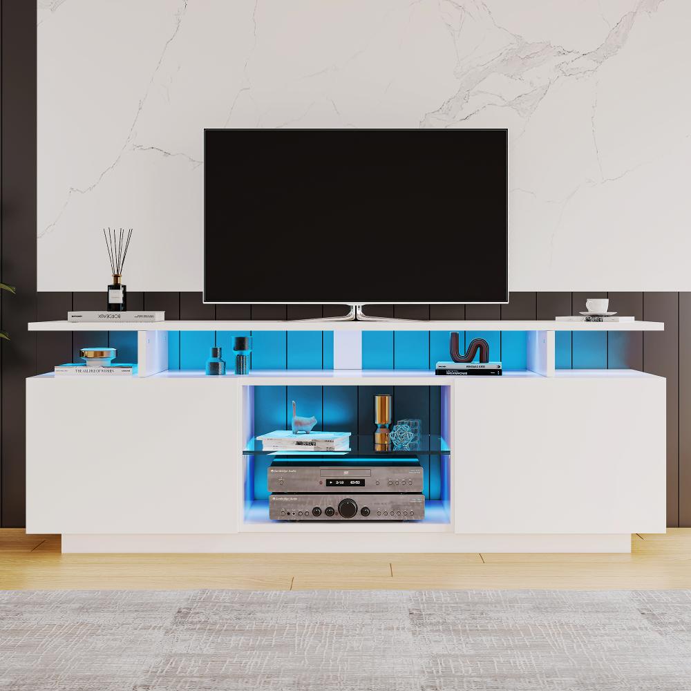 Merax Moderner weißer TV-Schrank mit 16-farbiger LED-Beleuchtung - für 60-Zoll-TV, hochglänzende Türblätter mit Glasfächern Bild 1