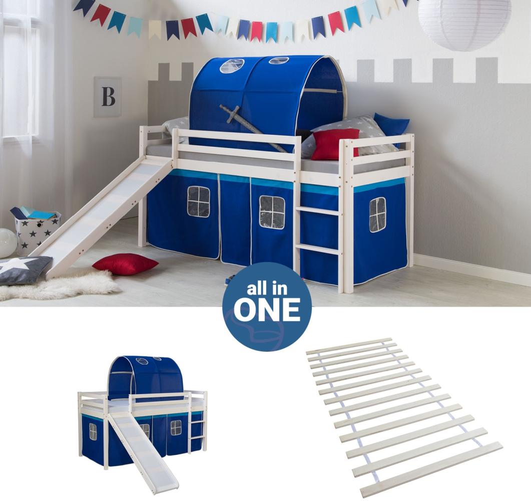 Homestyle4u Spielbett mit Lattenrost, Rutsche und Tunnel Stockbett, blau, Kiefernholz weiß, 90 x 200 cm Bild 1