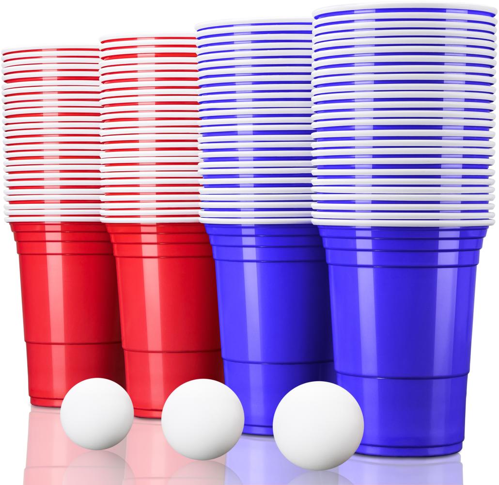 TRESKO Rote & Blaue Partybecher, 100 Stück + 12 Bälle, Beer Pong Cups Bild 1