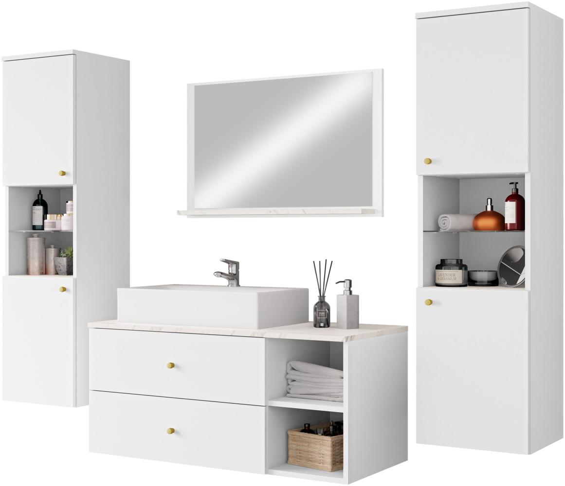 Badmöbel Set Kormen III mit Waschbecken und Siphon (Farbe: Weiß + Marmor Bianco) Bild 1