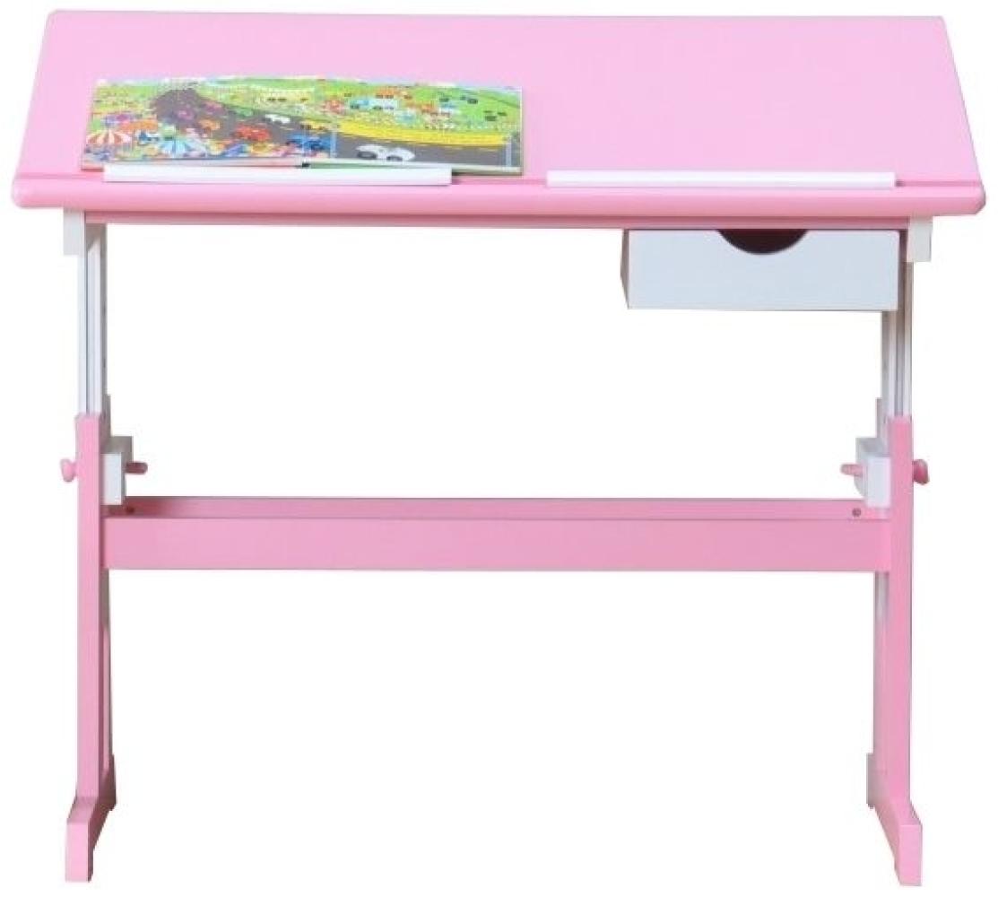 KHG Schreibtisch rosa weiß Kiefer Echtholz 6-fach höhenverstellbar mit neigbarer Tischplatte 109 x 96 x 55 cm Bild 1