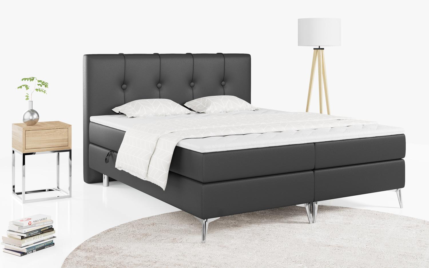 Boxspringbett, Komplett-Set mit Matratze und Topper - RINALDI - 140x200cm - Dunkelgrau Kunstleder - H3 Bild 1