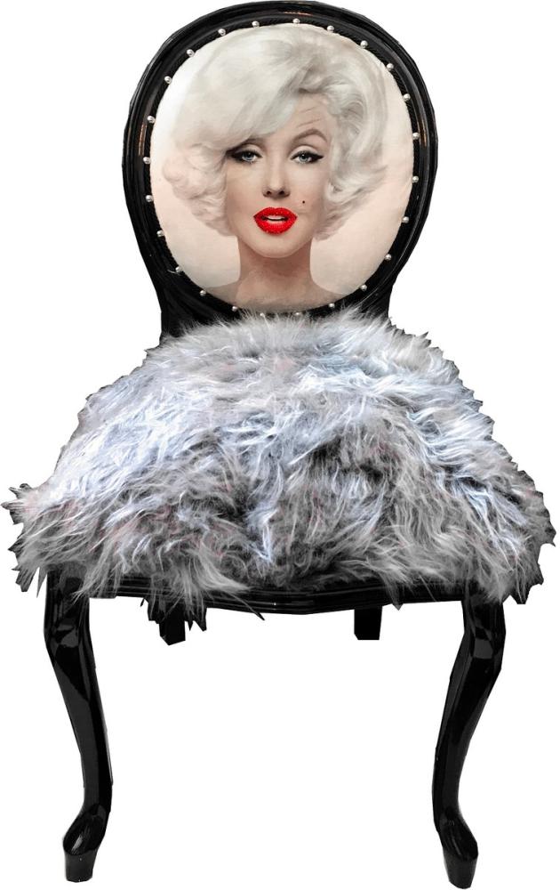 Casa Padrino Luxus Barock Esszimmer Stuhl Marilyn Monroe Grau / Schwarz 50 x 60 x H. 104 cm - Handgefertigter Pop Art Designer Stuhl mit Kunstfell - Barock Esszimmer Möbel Bild 1