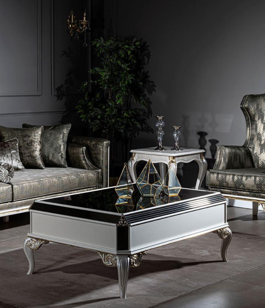 Casa Padrino Luxus Barock Couchtisch Weiß / Gold 122 x 85 x H. 48 cm - Edler Massivholz Wohnzimmertisch mit Glasplatte - Barock Wohnzimmer Möbel Bild 1