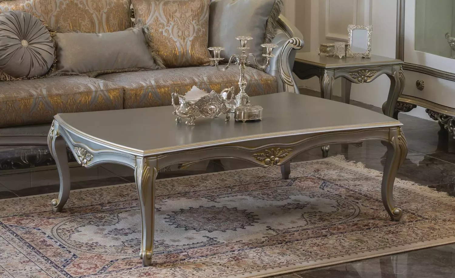 Luxus Couchtisch Klassische Couchtische Gold Silberner Tisch Holz Bild 1