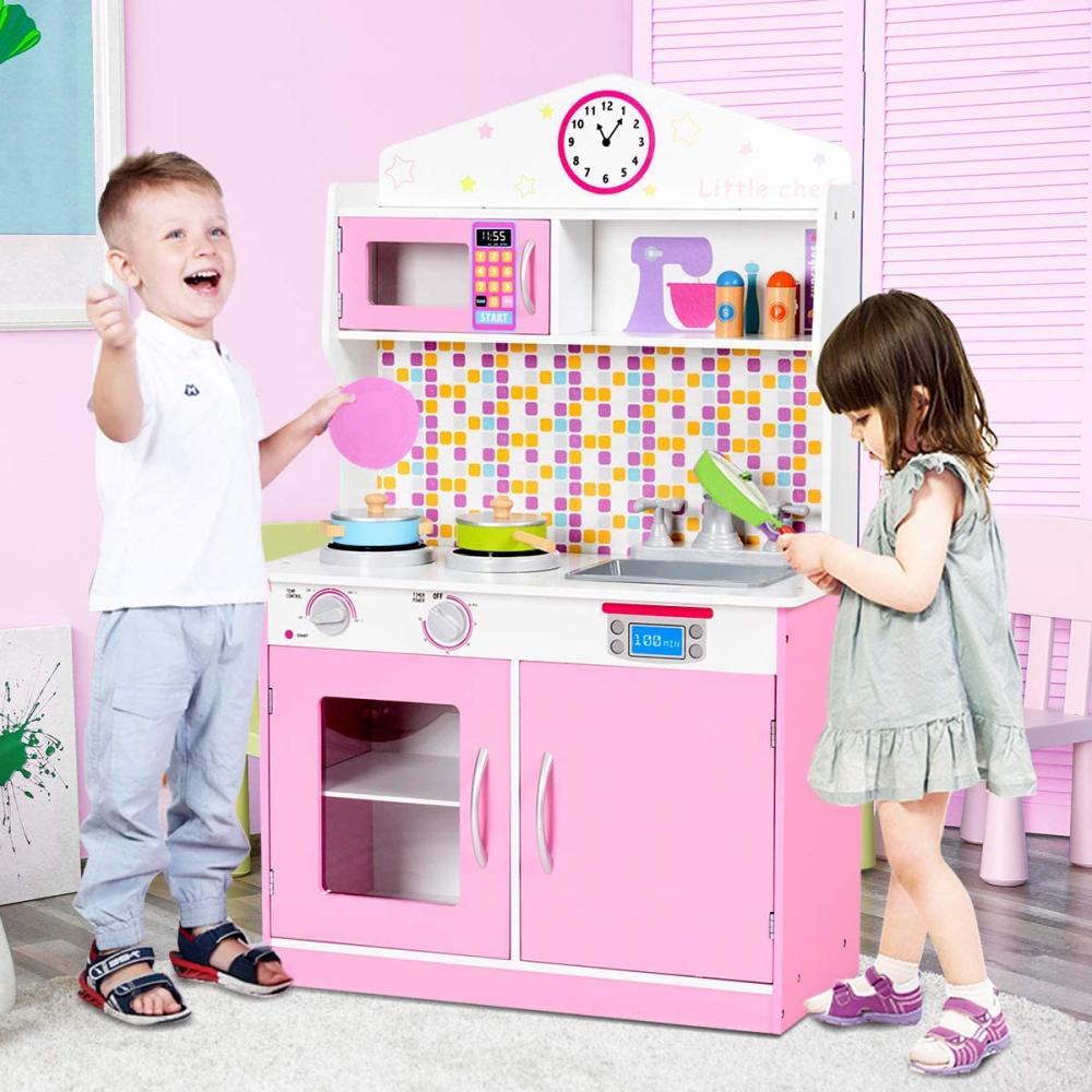 COSTWAY Kinderküche Holz, Spielküche für Kinder, Holzküche Kinderspielküche, Spielzeugküche mit Mikrowelle, Spüle, Wasserhahn, Herd, Schaltknöpfe, 57 x 28 x 95,5cm Rosa Bild 1