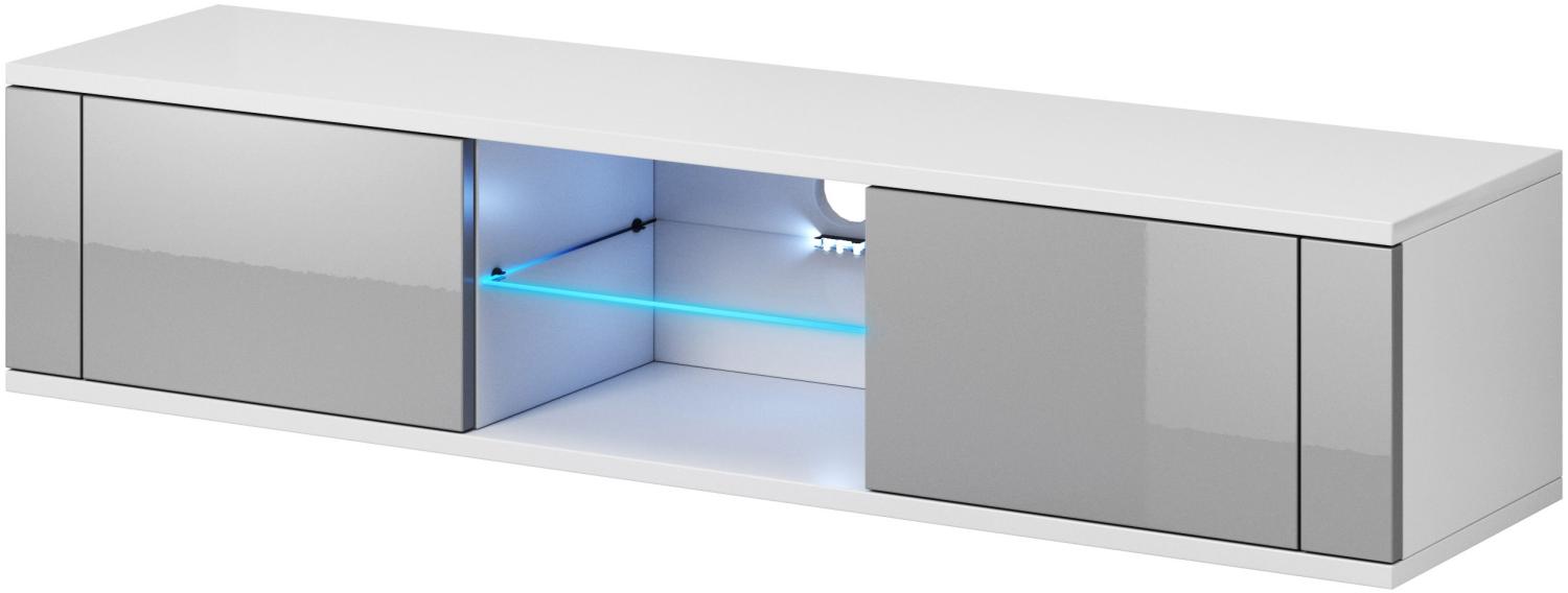 Domando Lowboard Carpi Modern für Wohnzimmer Breite 140cm, LED Beleuchtung in blau, Push-to-open-System, Weiß Matt und Grau Hochglanz Bild 1
