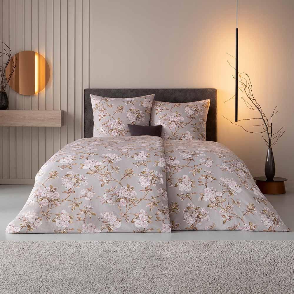 Estella Mako Jersey Bettwäsche 135x200 Frida silber Rosen rosa 6348-820 Bild 1