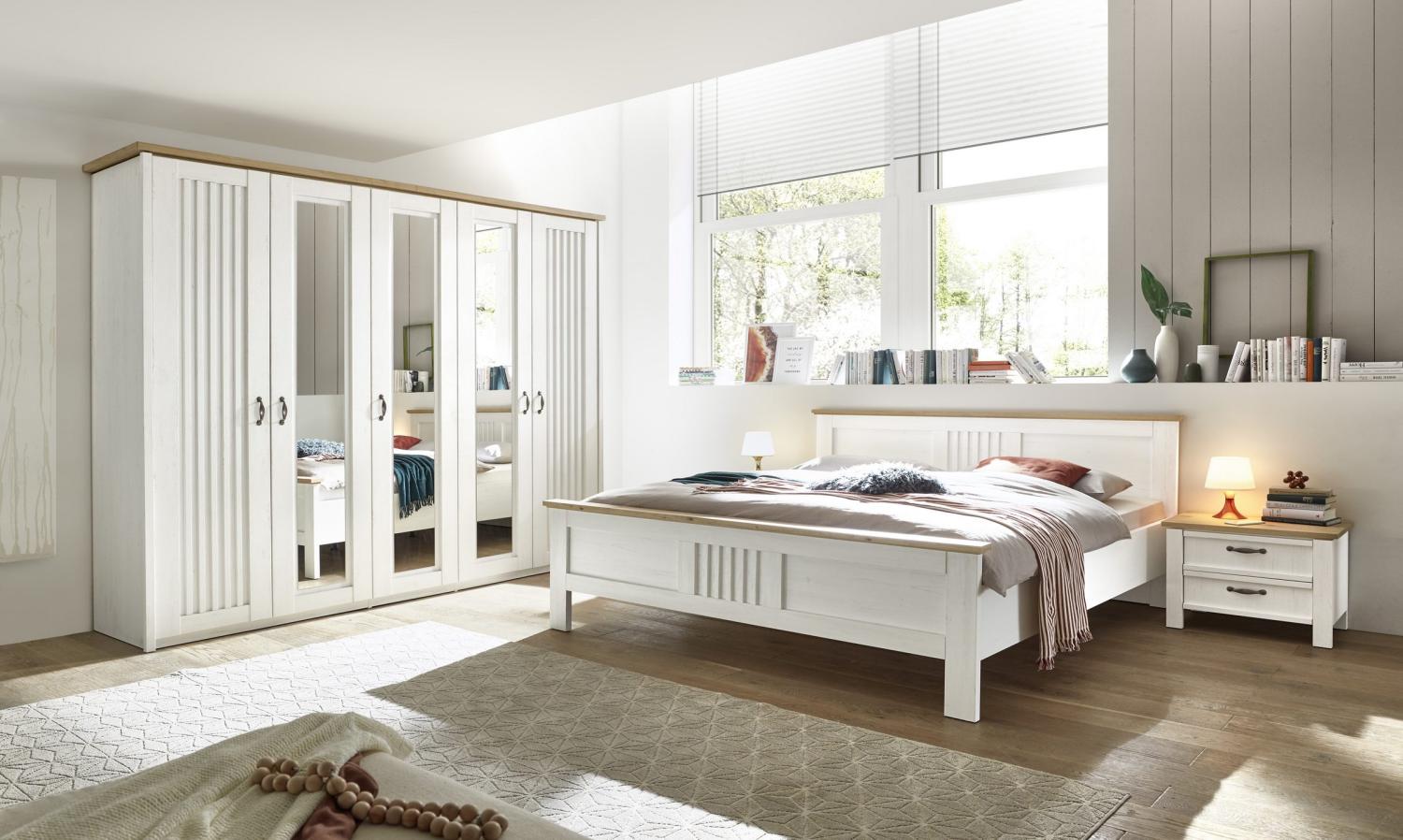 Schlafzimmer Set weiss mit Bett 180x200 + Schrank 265 cm + 2x Nachttische Pinie weiss Eiche Trentino Bild 1