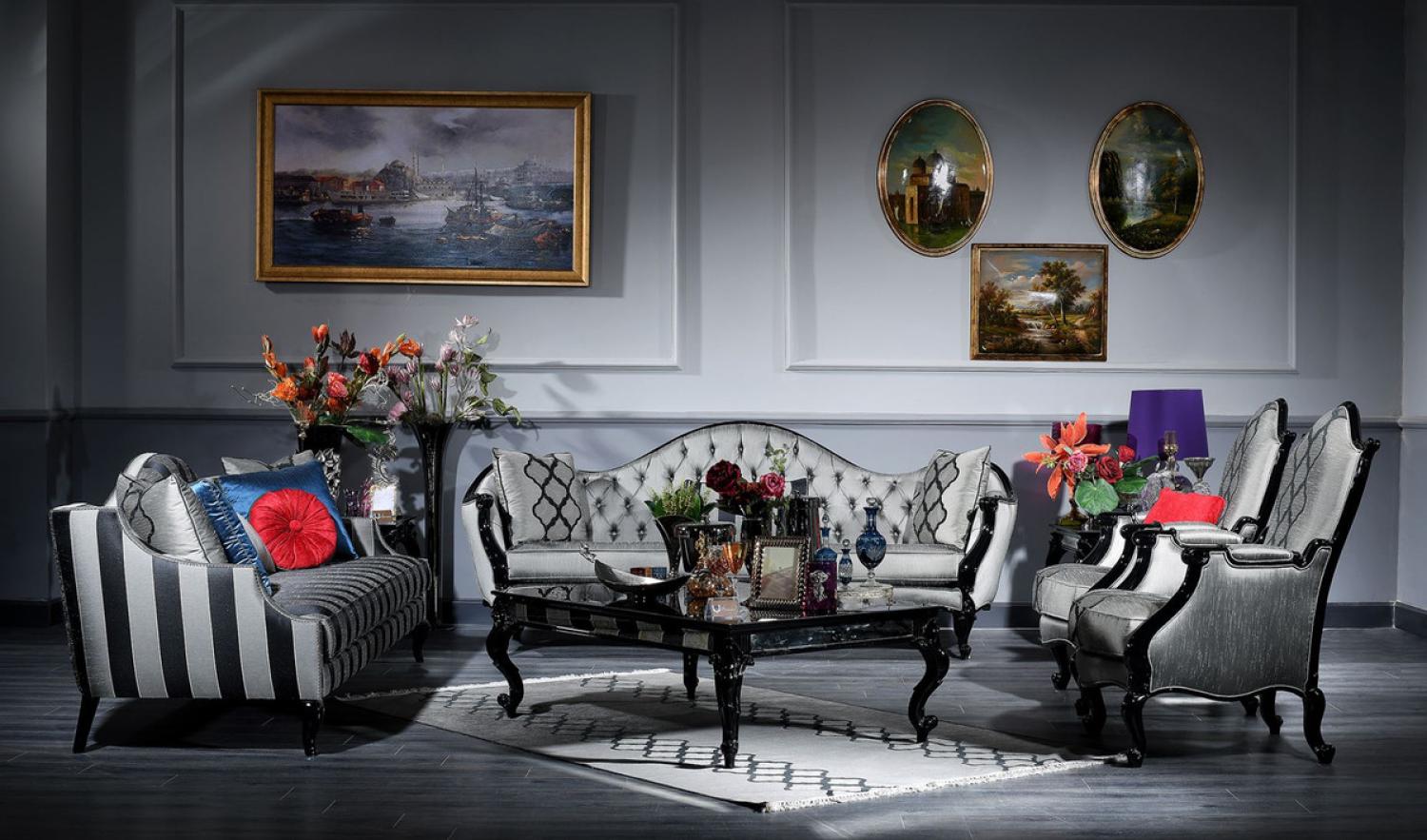 Casa Padrino Luxus Barock Wohnzimmer Set Silber / Schwarz - 2 Sofas & 2 Sessel & 1 Couchtisch & 2 Beistelltische - Wohnzimmer Möbel im Barockstil - Edel & Prunkvoll Bild 1