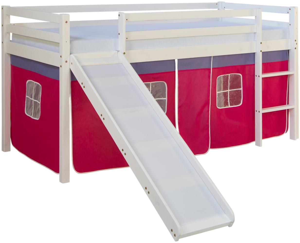 Kinderbett Hochbett Massiv Kiefer weiß pinker Vorhang, Rutsche, Spielbett Bild 1