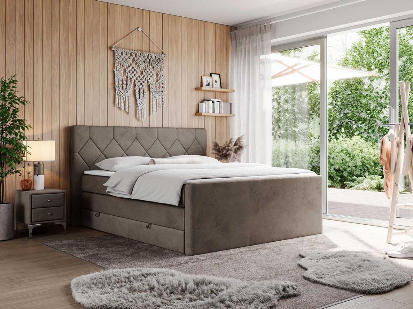 Boxspringbett KING EIGAR, mit einer Doppelmatratze, einem genähten Kopfteil - 200x200 - Braun Velours - H3 Bild 1