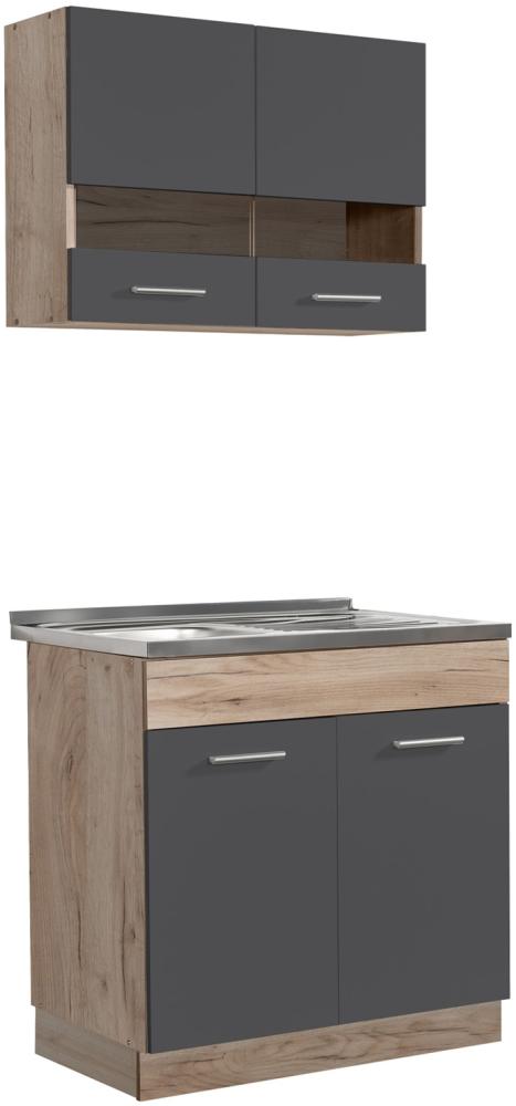 Moderne Küchenzeile, Hängeschrank und Unterschrank, Eiche Grau, ohne Geräte, 80 cm Bild 1