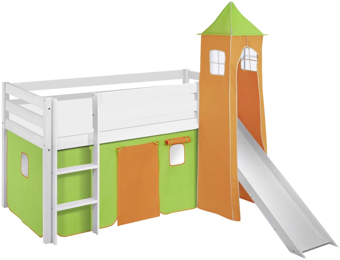 Lilokids 'Jelle' Spielbett 90 x 200 cm, Grün Orange, Kiefer massiv, mit Turm, Rutsche und Vorhang Bild 1