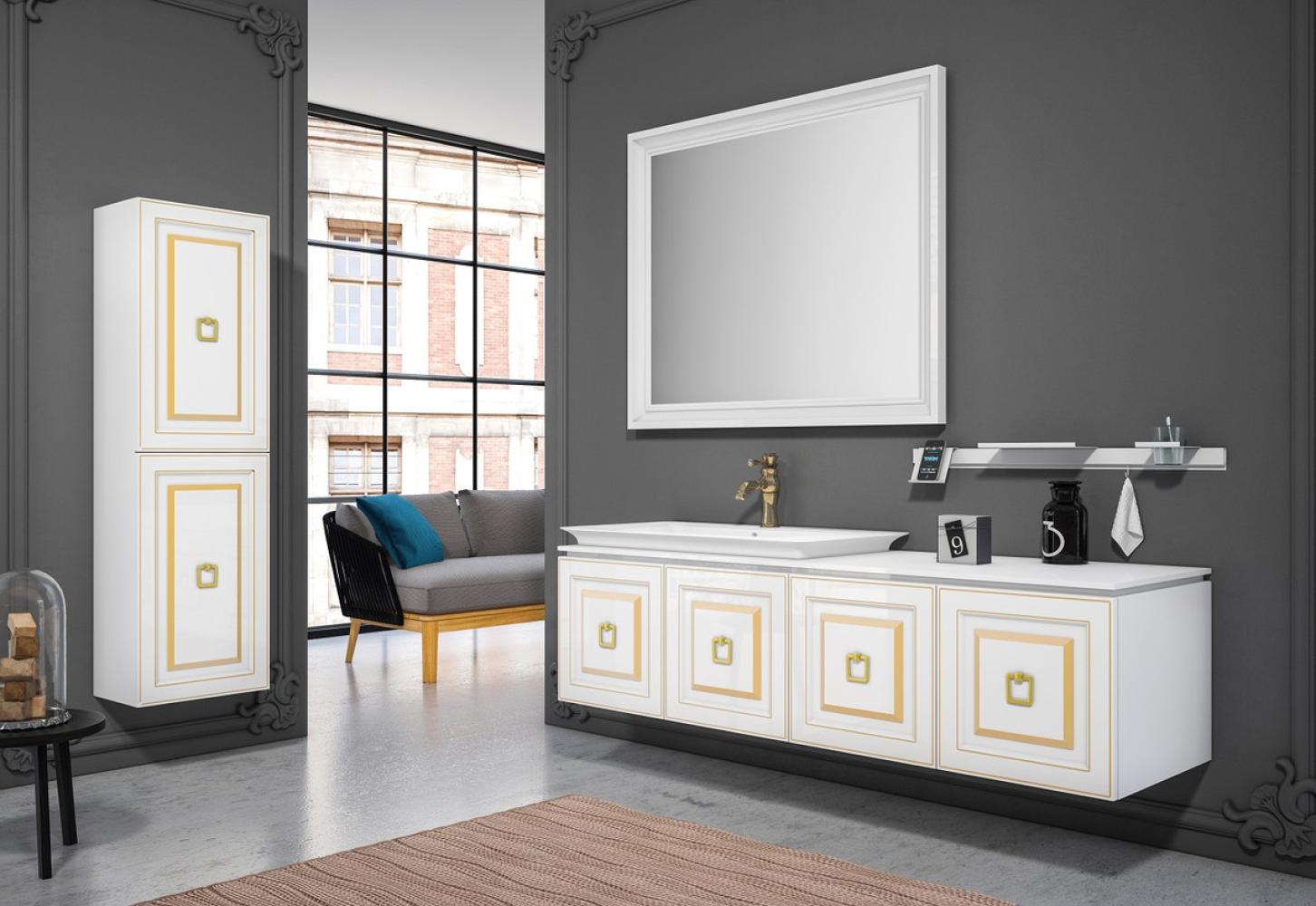 Casa Padrino Luxus Badezimmer Set Weiß / Gold - 1 Waschtisch mit Waschbecken & 1 Wandspiegel & 1 Wandschrank - Luxus Badezimmer Möbel Bild 1