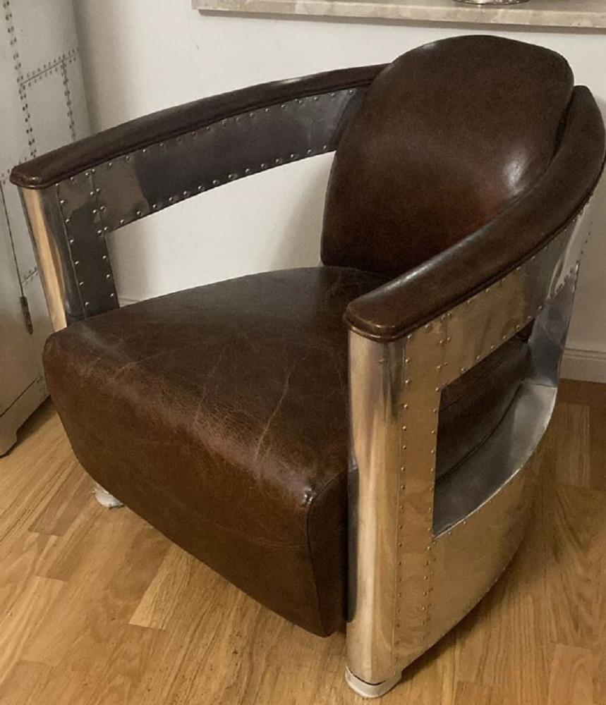 Casa Padrino Luxus Art Deco Leder Sessel Vintage Dunkelbraun / Silber - Aluminium Wohnzimmer Sessel mit hochwertigem Echtleder - Lounge Sessel - Flugzeug Flieger Echtleder Möbel - Luxus Möbel Bild 1