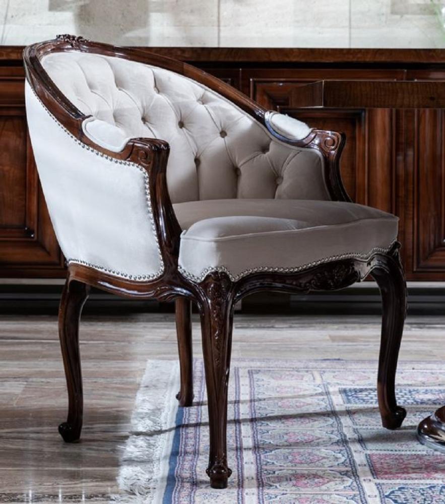 Casa Padrino Luxus Barock Esszimmerstuhl mit Armlehnen Weiß / Dunkelbraun - Prunkvoller Massivholz Stuhl im Barockstil - Barock Esszimmer Möbel Bild 1