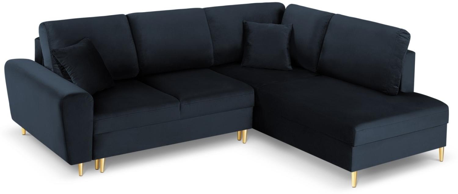 Micadoni 5-Sitzer Samtstoff Ecke rechts Sofa mit Bettfunktion und Box Moghan | Bezug Dark Blue | Beinfarbe Gold Metal Bild 1