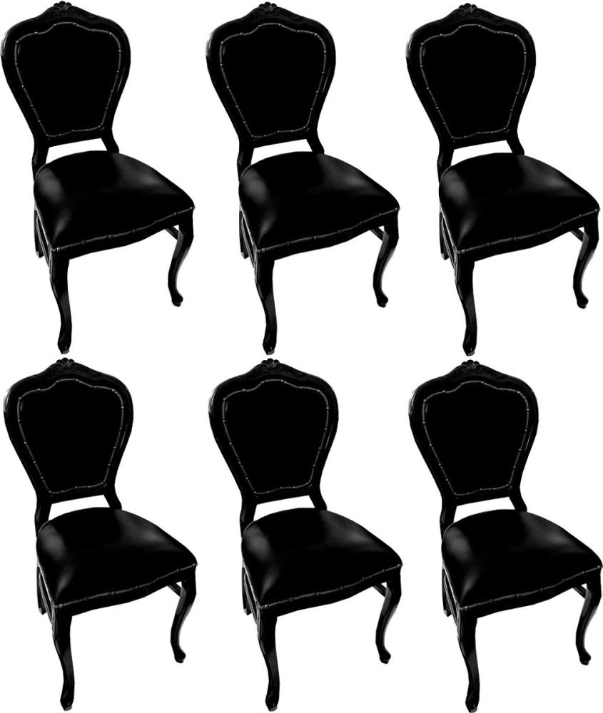 Casa Padrino Luxus Barock Esszimmer Set Schwarz / Schwarz 45 x 47 x H. 99 cm - 6 handgefertigte Massivholz Esszimmerstühle mit Echtleder - Barock Esszimmermöbel Bild 1