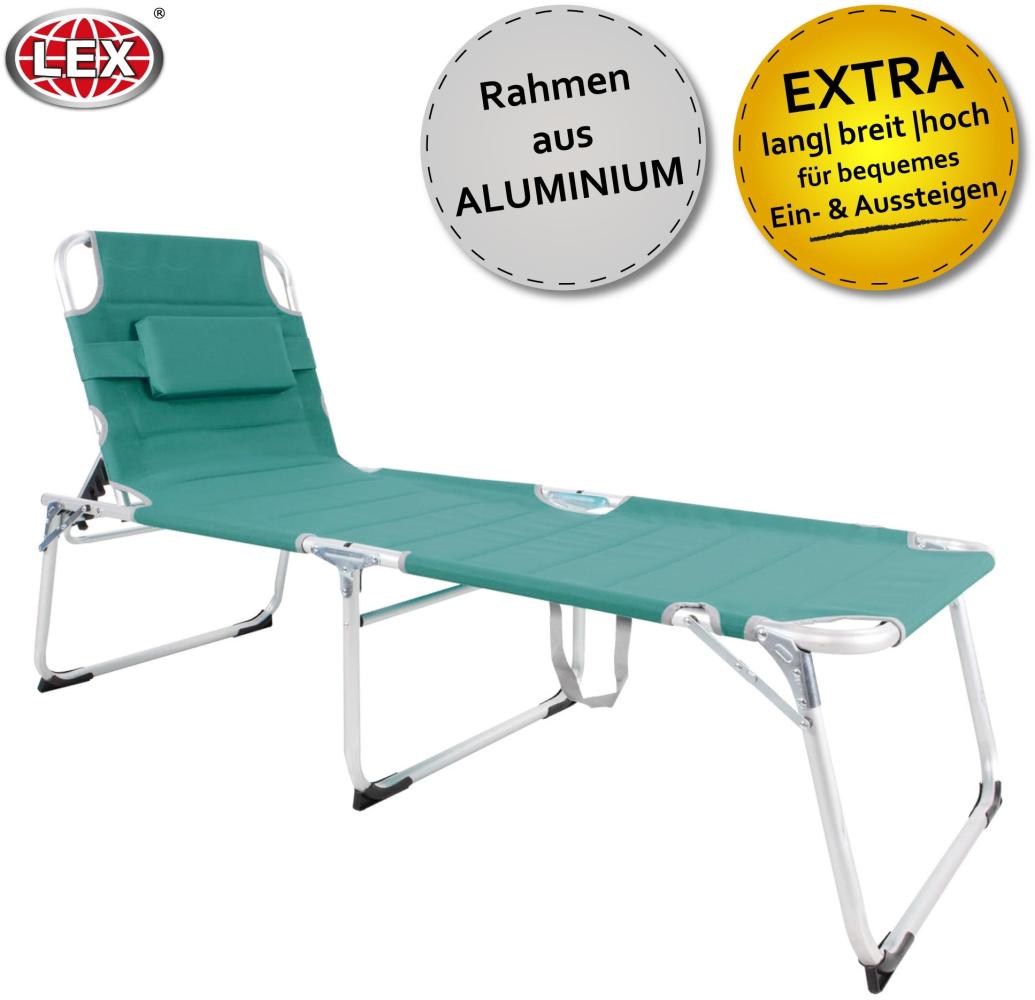 XXL Aluminium Gartenliege Sonnenliege gepolstert mit Kopfkissen klappbar 200 cm Aqua Bild 1