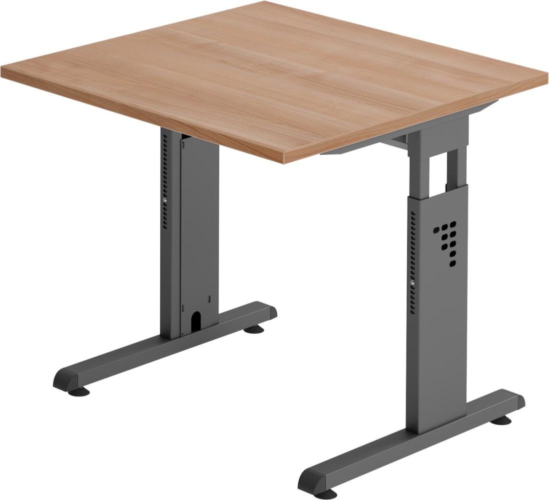 bümö® Schreibtisch O-Serie höhenverstellbar, Tischplatte 80 x 80 cm in Nussbaum, Gestell in graphit Bild 1