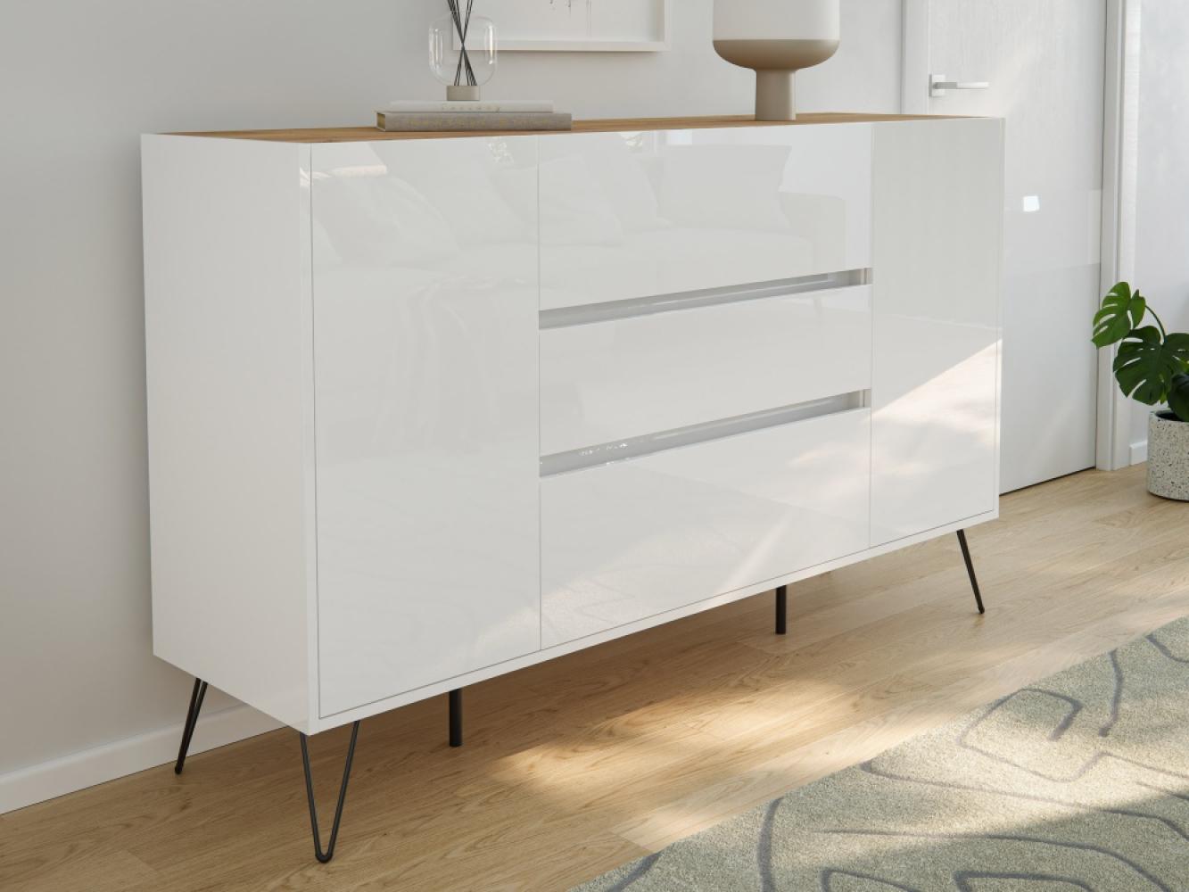 Sideboard Kommode Lovo 155cm Greifraum 3 SoftClose 2 Türen Weiß/Eiche Top : Weiss hochglanz / Oak Gold Bild 1