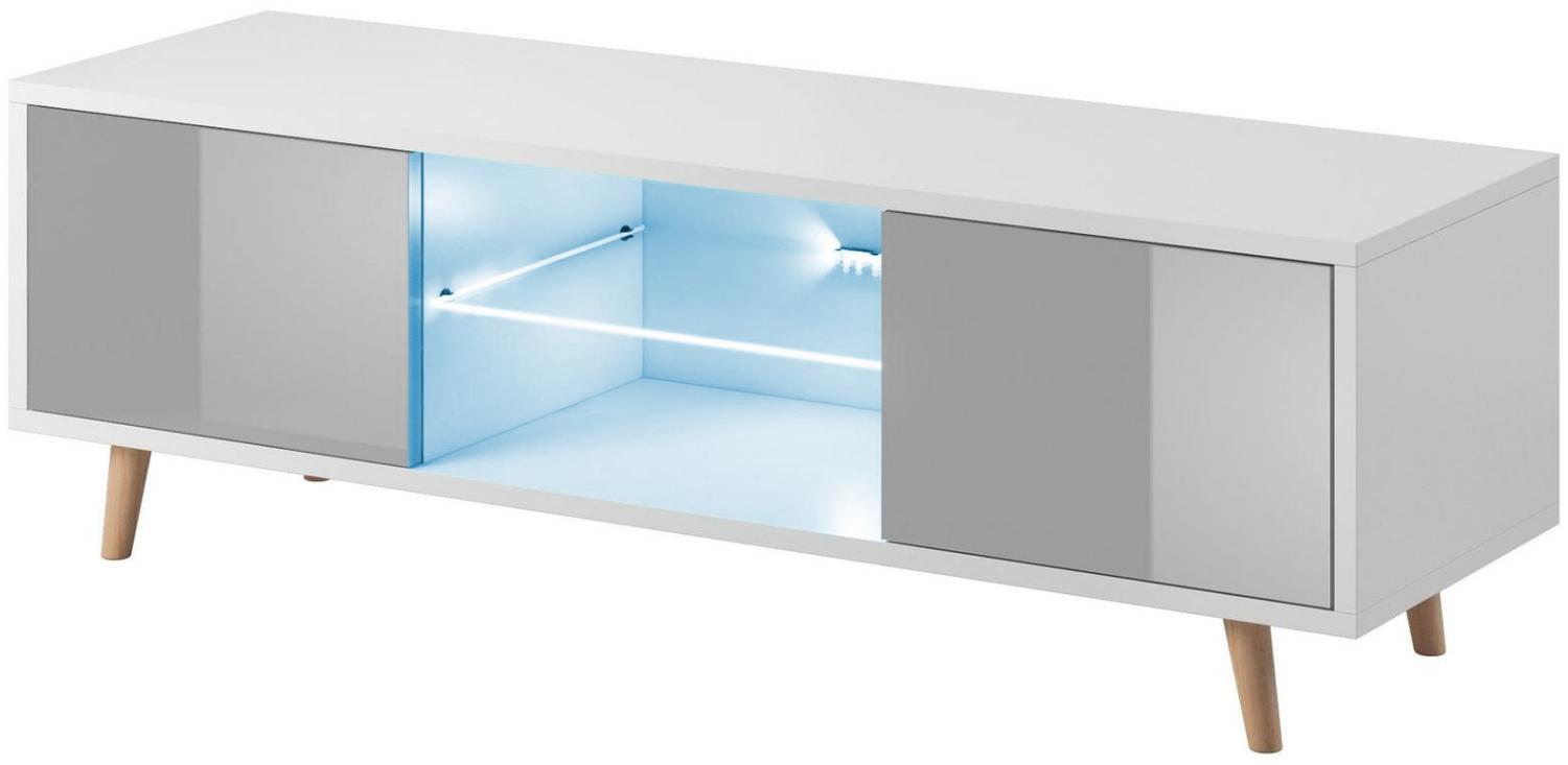 Domando Lowboard Terni M1 Modern für Wohnzimmer Breite 140cm, Holzfüße, Hochglanz, LED Beleuchtung in blau, Weiß Matt und Grau Hochglanz Bild 1