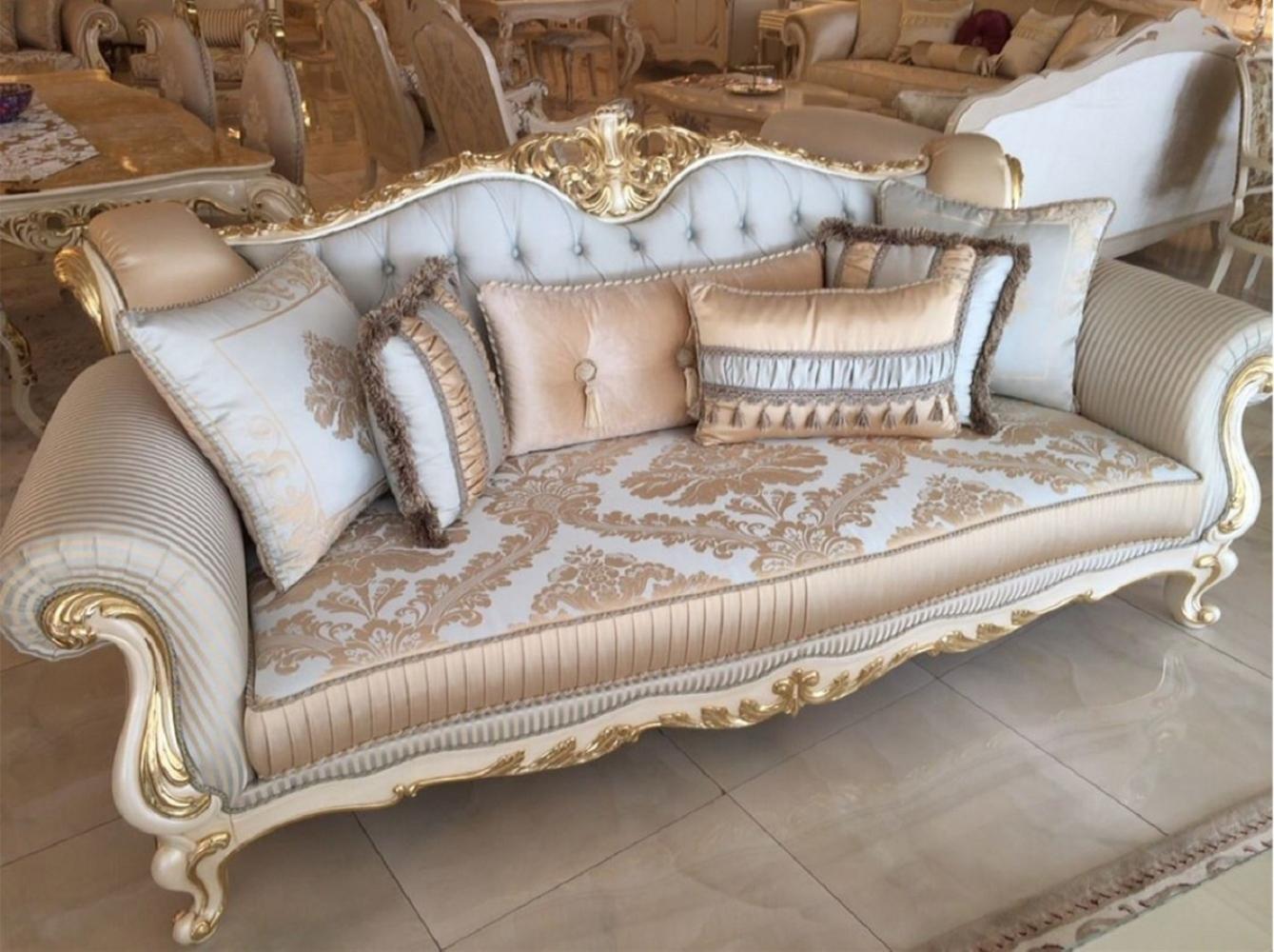 Casa Padrino Luxus Barock Sofa Hellblau / Weiß / Gold - Prunkvolles Wohnzimmer Sofa mit elegantem Muster - Barock Wohnzimmer Möbel Bild 1