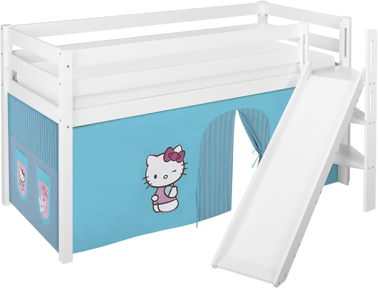 Lilokids 'Jelle' Spielbett 90 x 200 cm, Hello Kitty Türkis, Kiefer massiv, mit schräger Rutsche und Vorhang Bild 1