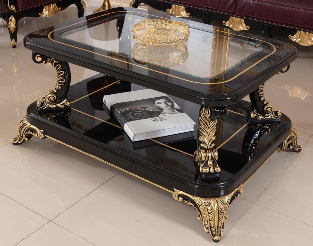 Casa Padrino Luxus Barock Couchtisch mit Glasplatte Schwarz / Gold - Prunkvoller Massivholz Wohnzimmertisch im Barockstil - Barock Wohnzimmer Möbel - Edel & Prunkvoll Bild 1