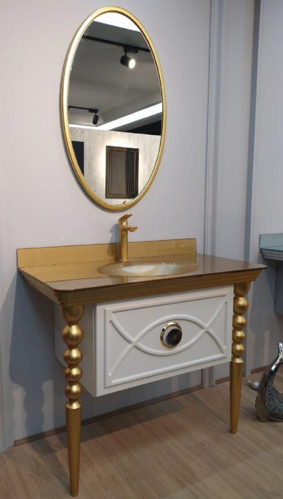 Casa Padrino Barock Badezimmer Set Weiß / Gold - 1 Waschtisch mit Glas Waschbecken & 1 Wandspiegel - Badezimmer Möbel im Barockstil Bild 1