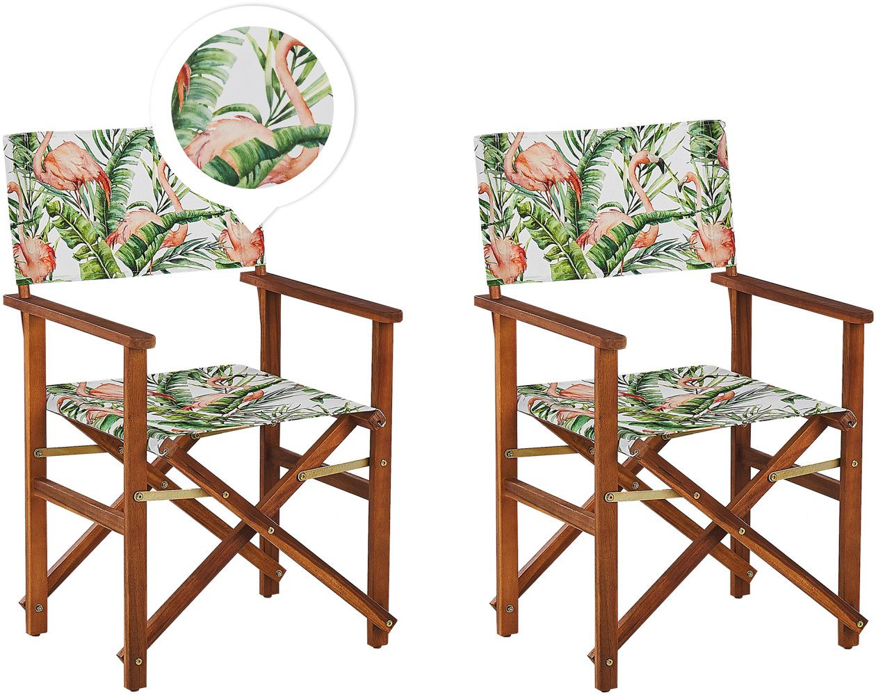 Gartenstuhl Akazienholz dunkelbraun Textil cremeweiß bunt Flamingomuster 2er Set CINE Bild 1