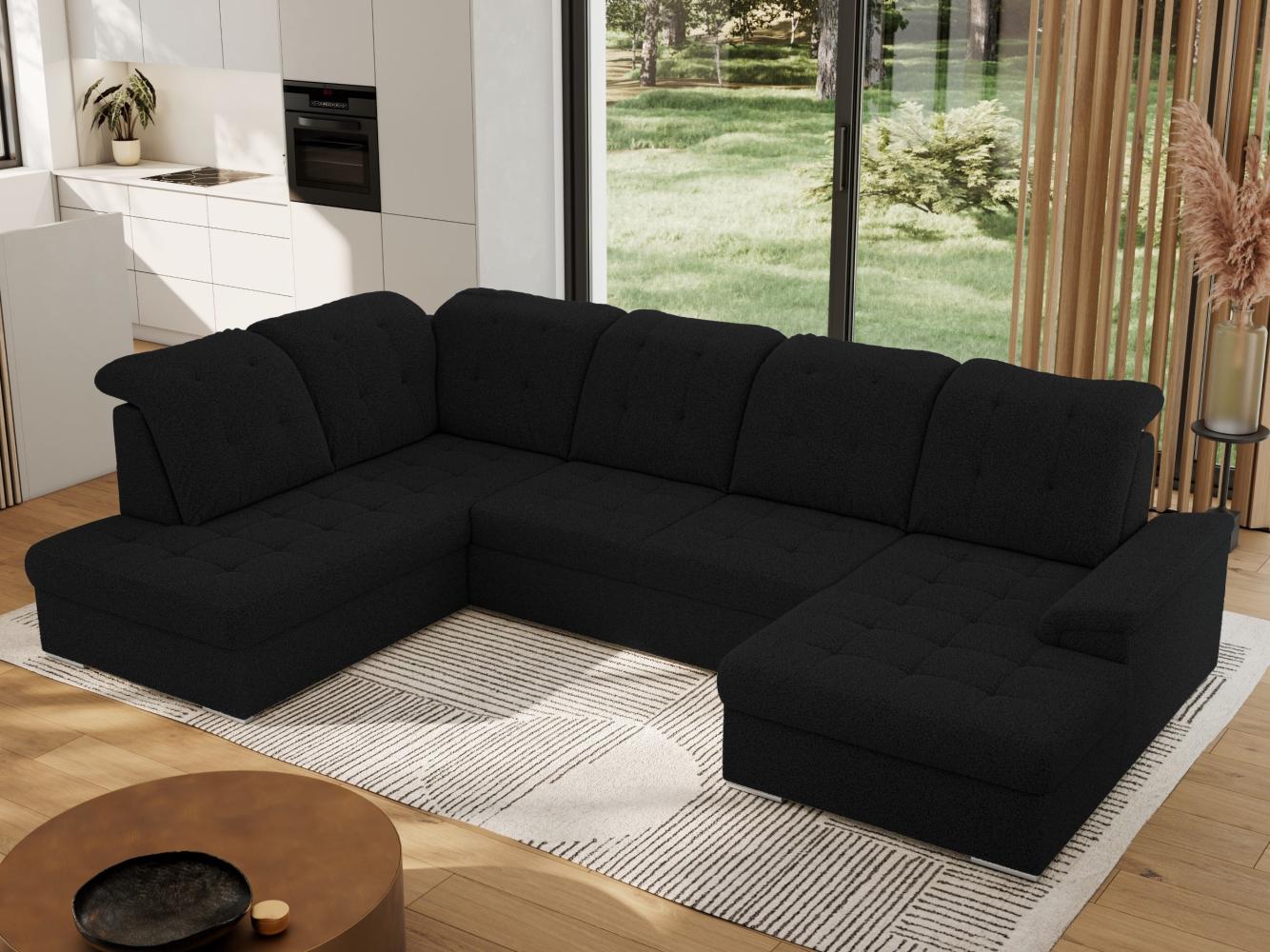 Ecksofa, Wohnzimmer U Couch, Polstersofa mit Bettkasten - MADRITO U - Schwarz Boucle - Links Bild 1