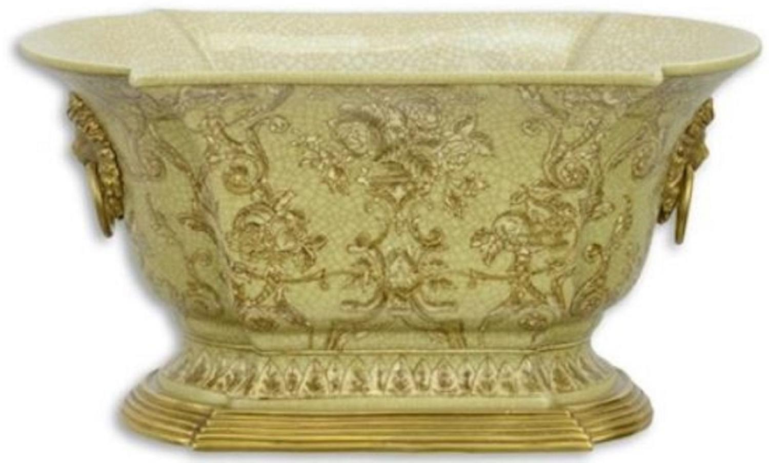 Casa Padrino Jugendstil Blumentopf Grün / Gold 26,9 x 16,7 x H. 14,1 cm - Porzellan Pflanzentopf mit Bronze Löwenkopf Griffen - Deko Accessoires Bild 1
