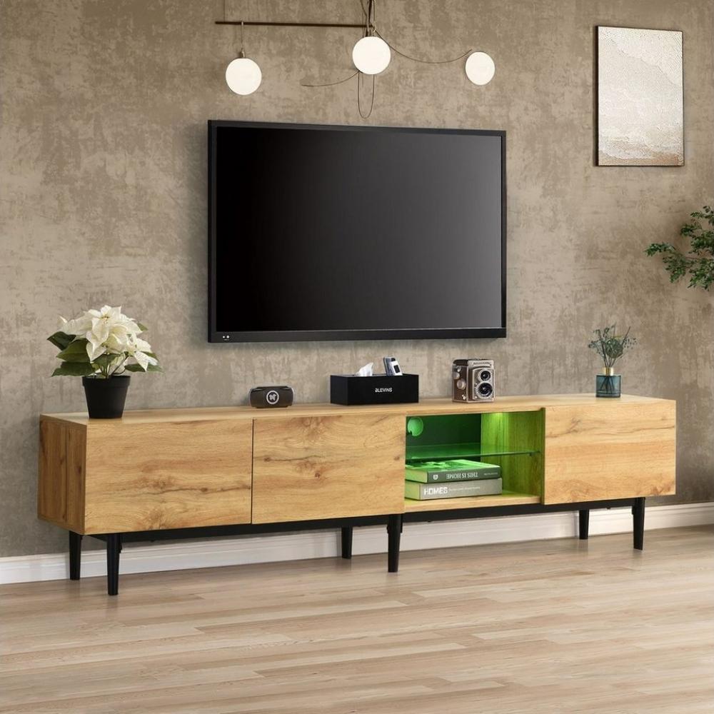 Merax Lowboard mit LED-Beleuchtung inkl. Fernbedienung, Wildeiche TV-Schrank, Fernsehtisch mit Glasablage, TV-Board, TV- Ständer, B:175cm Bild 1