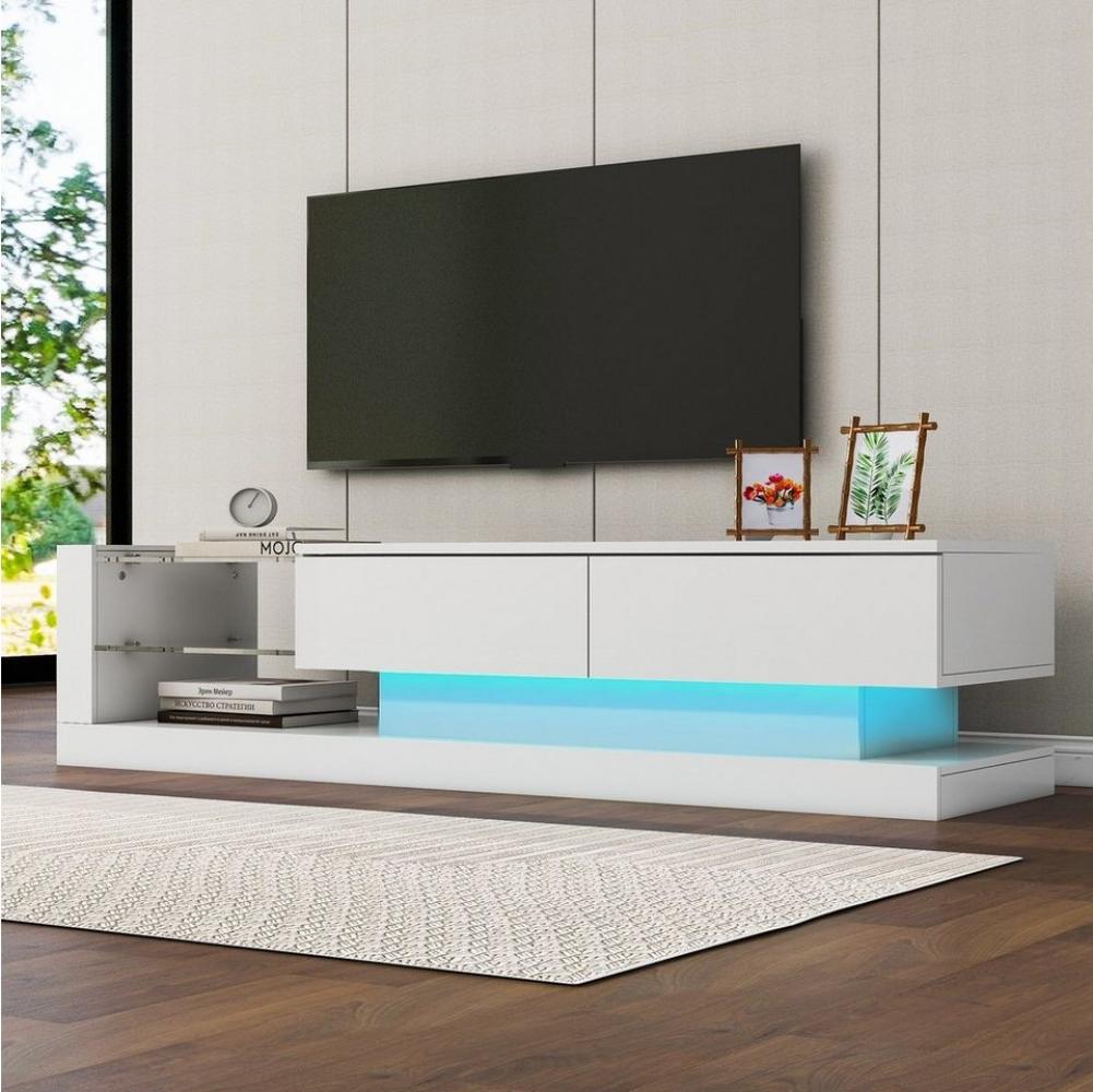 Merax Lowboard mit Glasablagen und LED-Beleuchtung, TV-Schrank hochglanz mit Klapptüren, Fernsehtisch, TV-Board, Breite:140cm Bild 1