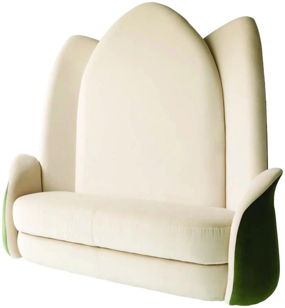 Casa Padrino Luxus Designer Sitzbank Lotusblume Cremefarben / Grün 162 x 64 x H. 170 cm - Edle gepolsterte Samt Bank mit hoher Rückenlehne - Hotel Möbel - Luxus Qualität - Made in Italy Bild 1