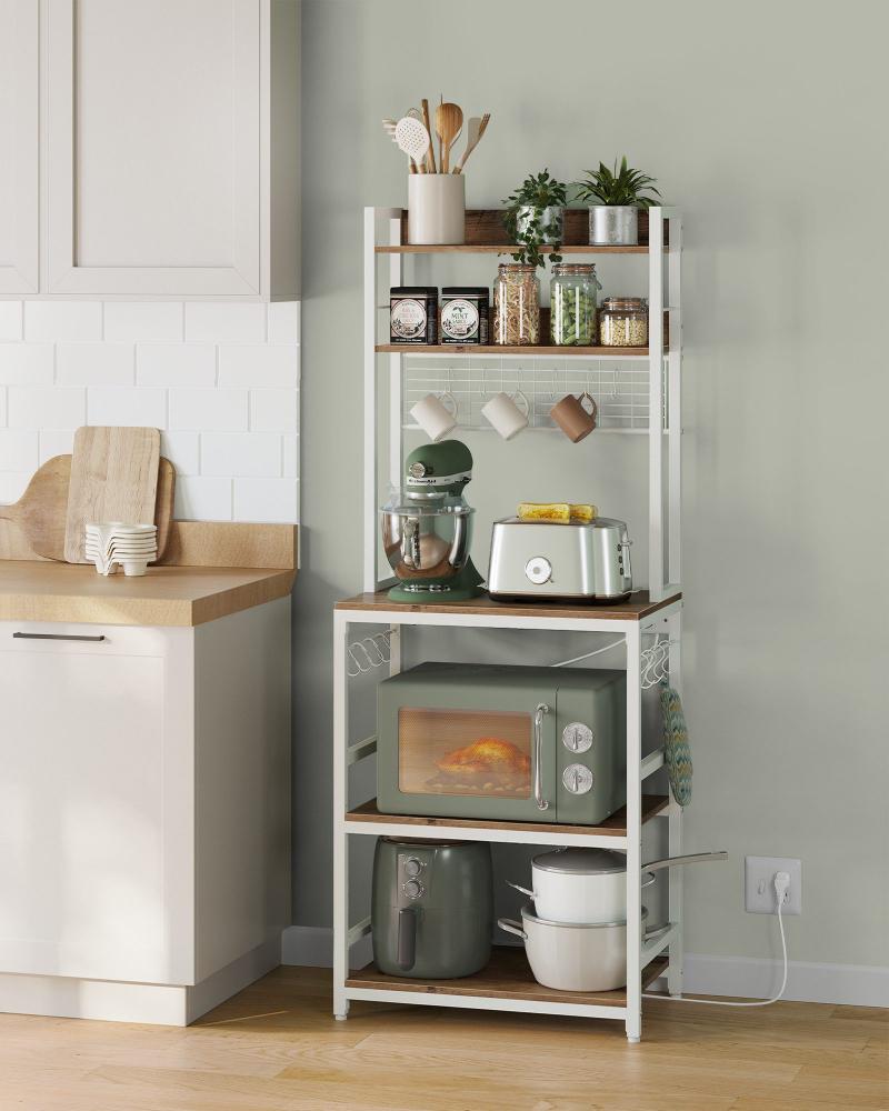 VASAGLE Küchenregal, Standregal mit Steckdosen, Mikrowellen-Regal, mit Gitterplatte, 14 Haken, 40 x 60 x 170 cm, walnussbraun-weiß Bild 1