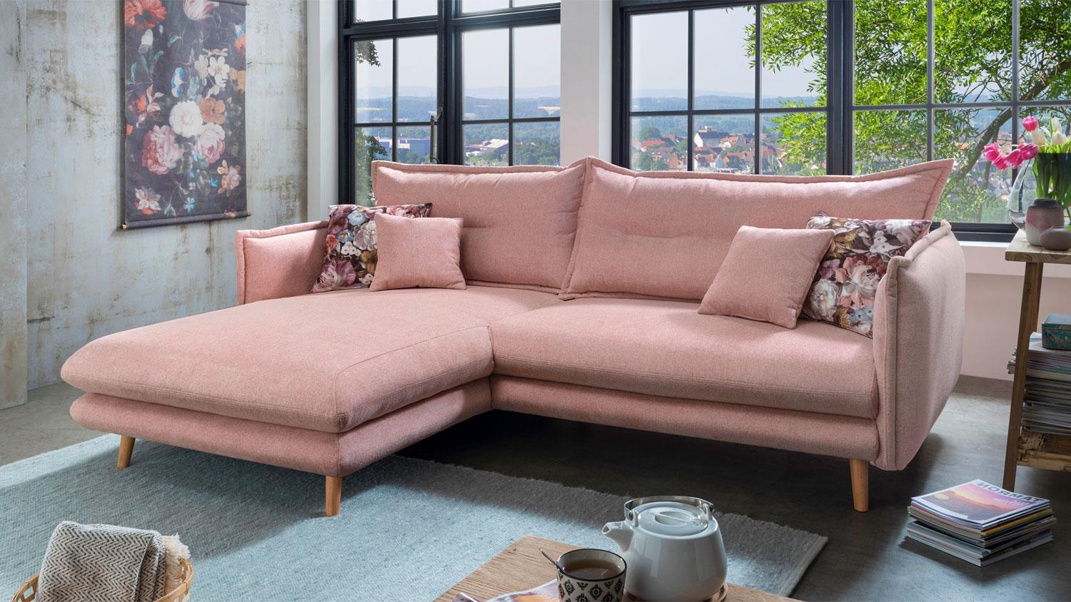 Ecksofa LAZIO rosa Couch Kissen mit Blumenmuster 180x255 cm Bild 1